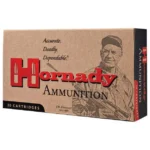 Hornady Custom Rifle Ammunition, tan and black box in angled front view with red logo