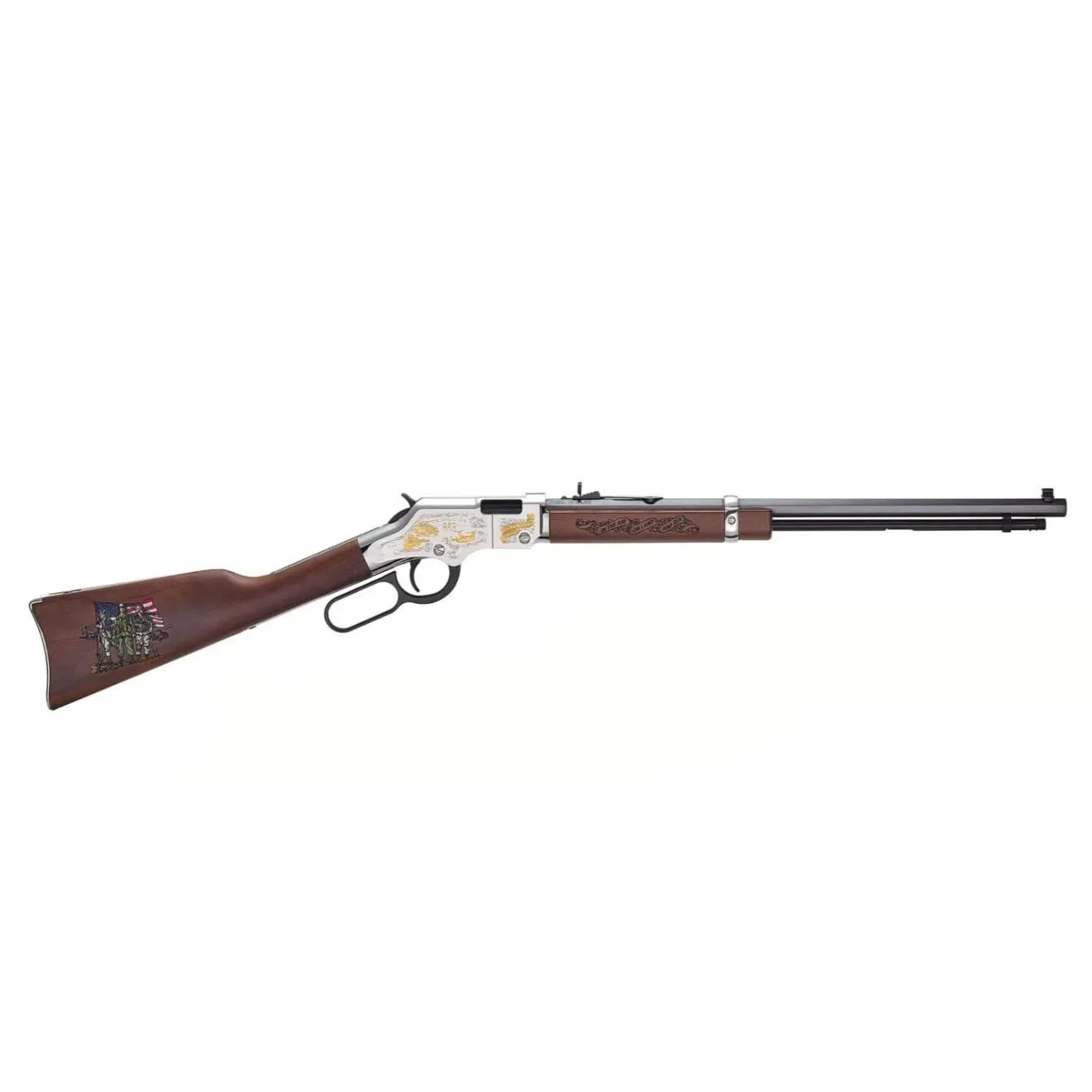 primary-51197 HENRY H4 SPIRIT OF CORPS, right-side view with brown stock, silver receiver and black barrel