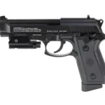 Crosman P1 black air pistol with under-barrel laser, left-side view