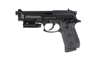 Crosman P1 black air pistol with under-barrel laser, left-side view