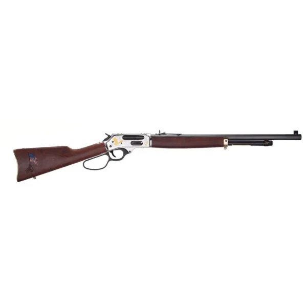 HENRY H4 SPIRIT OF CORPS, lever-action rifle in right-side view with brown stock and silver receiver