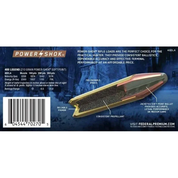 Federal Cartridge Co. Federal Power-Shok Rifle Ammunition 400 Legend 210gr SP 2250 fps 20/ct