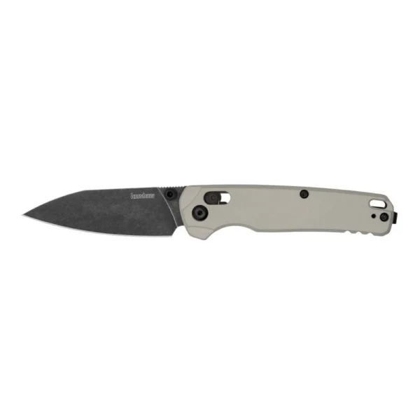 Kershaw Bel Air Folding Knife, open side view with tan handle and black reverse tanto blade