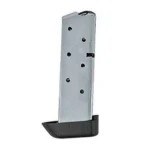 Kimber Handgun Magazine for Micro, angled side view in stainless steel with black baseplate