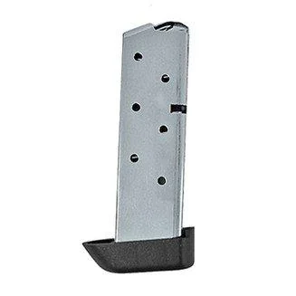 Kimber Handgun Magazine for Micro, angled side view in stainless steel with black baseplate