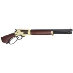 Henry H18 Axe Brass, right-side view with brass receiver, wood grip and forearm, and black barrel