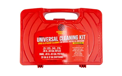 Shooters Choice Universal Cleaning Kit, closed red carrying case with handle and printed label