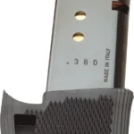 Kel-Tec P3AT Extended Magazine, angled front view with silver body and black textured grip extension