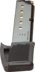 Kel-Tec P3AT Extended Magazine, angled front view with silver body and black textured grip extension