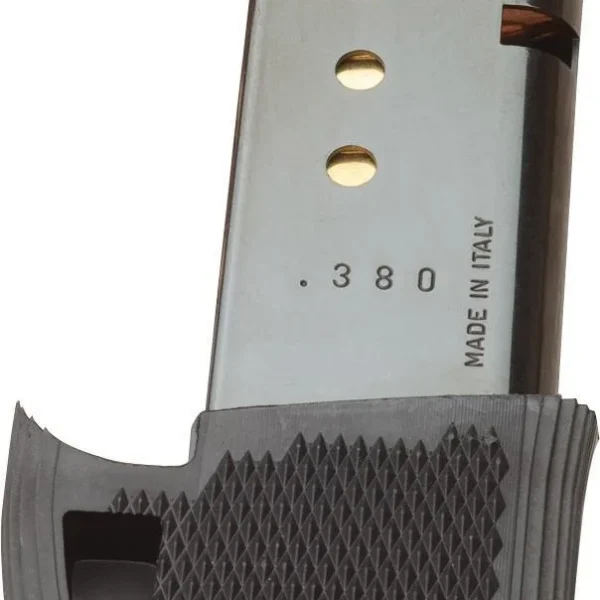 Kel-Tec P3AT Extended Magazine, angled front view with silver body and black textured grip extension
