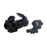 BSA 30mm Red Dot, black angled view with open lens caps and two black mounting rings