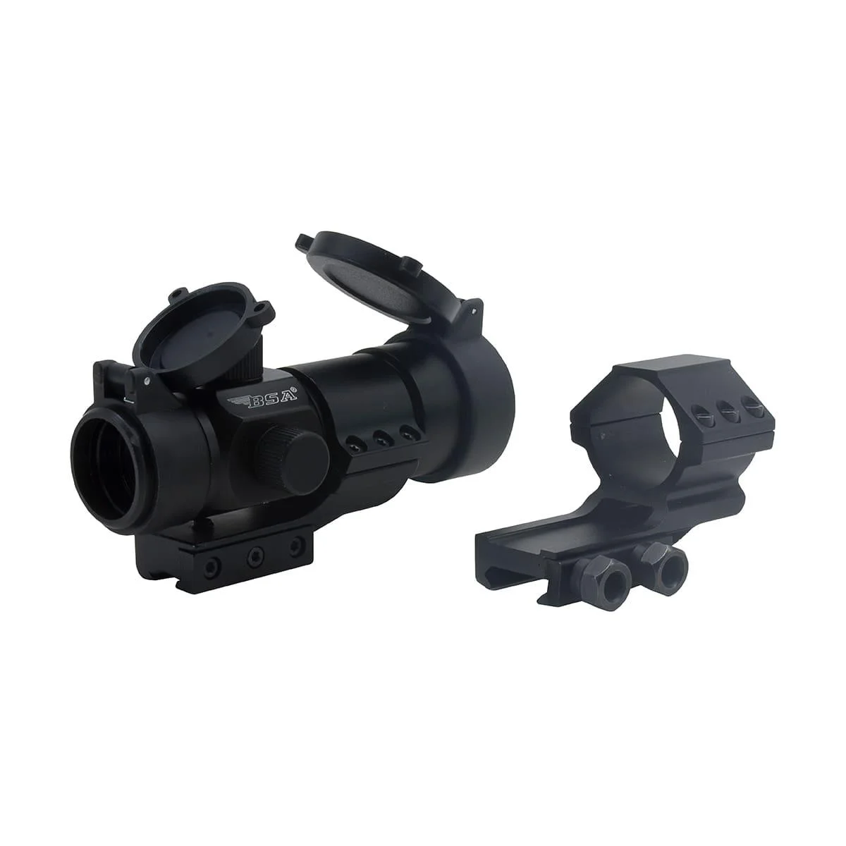 primary-51265 BSA 30mm Red Dot, black angled view with open lens caps and two black mounting rings