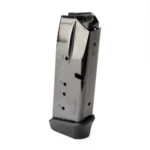 Kel-Tec P15, silver handgun magazine with black follower and base plate in angled view