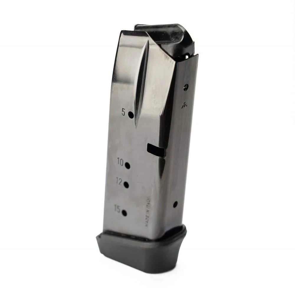 primary-51269 Kel-Tec P15, silver handgun magazine with black follower and base plate in angled view