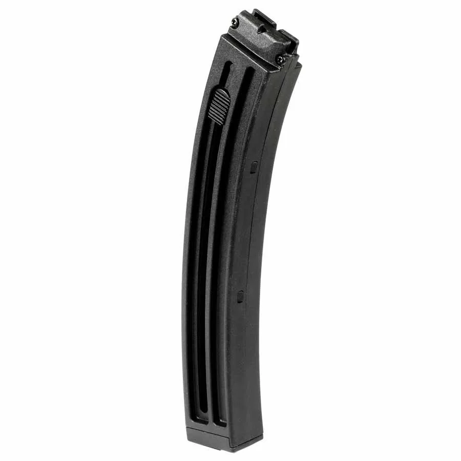primary-51270 Heckler & Koch HK MP5 magazine, black curved body with visible feed lips