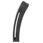 Heckler & Koch HK MP5 black curved magazine, angled side view with long witness slot