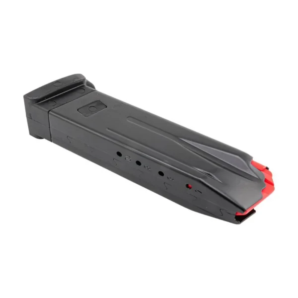 Heckler & Koch MAG HK P30/VP9 black magazine angled side view with witness holes and red follower