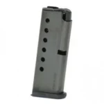 Kel-Tec P32 Magazine, angled front view of gray metal body with witness holes and black base