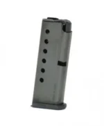 Kel-Tec P32 Magazine, angled front view of gray metal body with witness holes and black base