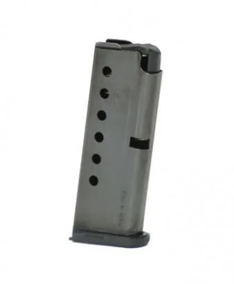 Kel-Tec P32 Magazine, angled front view of gray metal body with witness holes and black base