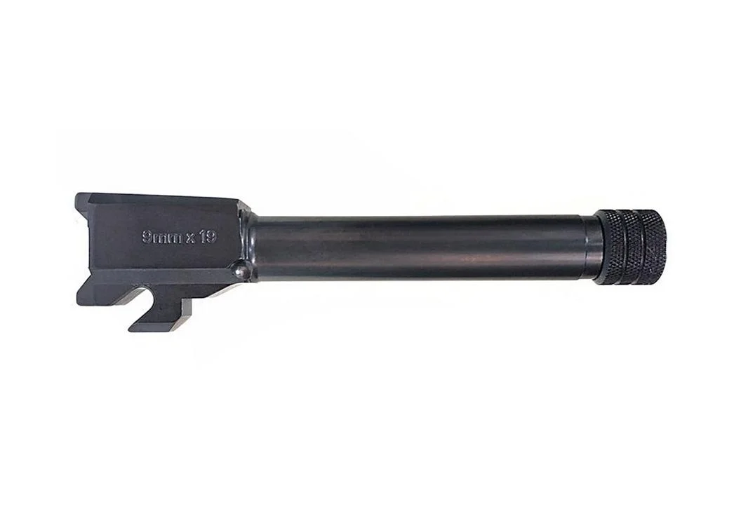 primary-51303 Sig Sauer P320 handgun barrel, black side view with threaded muzzle