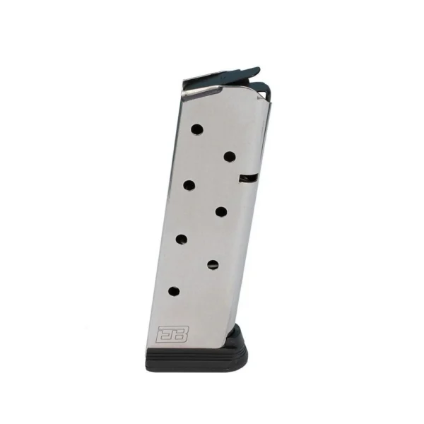 Ed Brown Handgun Magazine, silver front view with black base plate and witness holes