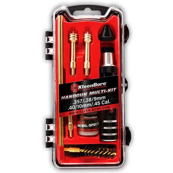 KleenBore Multi-Handgun Cleaning Kit, front view of clear case with red insert and cleaning tools