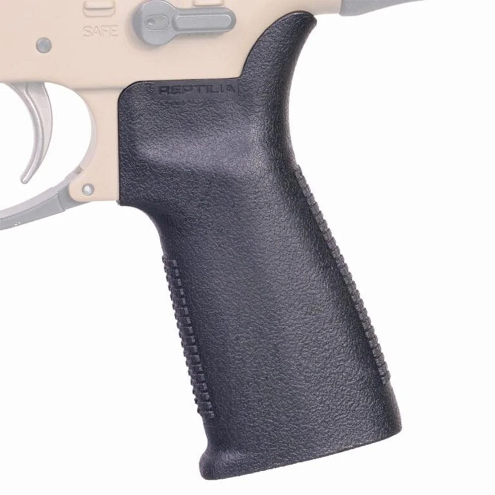 primary-51332 Reptilia CQG-L AR-15 Pistol Grip Long in black, right-side view installed on a tan receiver