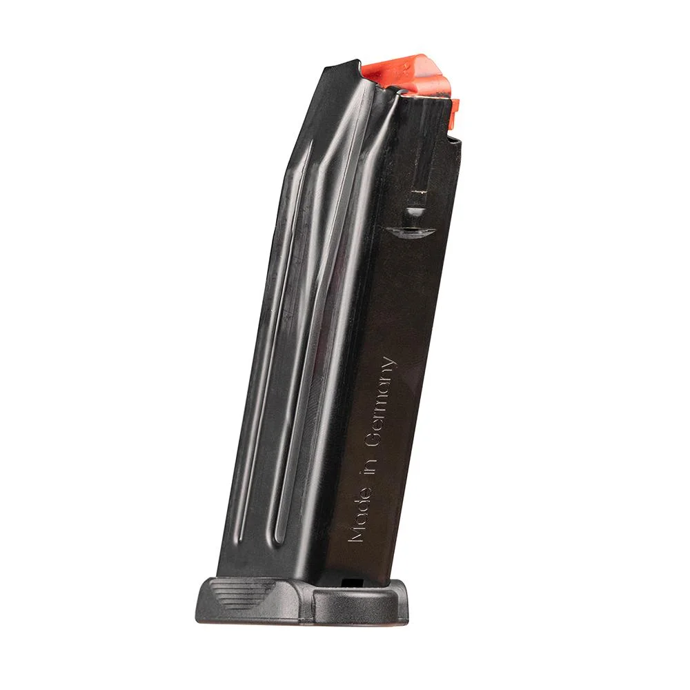 primary-51338 Heckler & Koch MAG HK VP9K A1 black magazine, angled side view with orange follower