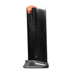 Heckler & Koch MAG HK CC9 black handgun magazine, front view with orange follower and extended floorplate