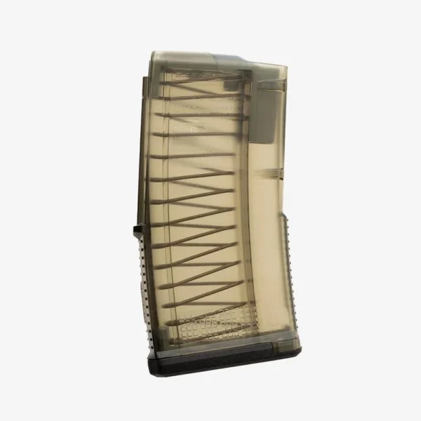 MAGPUL TMAG AR15 GEN3, translucent olive drab magazine in angled front view with black baseplate