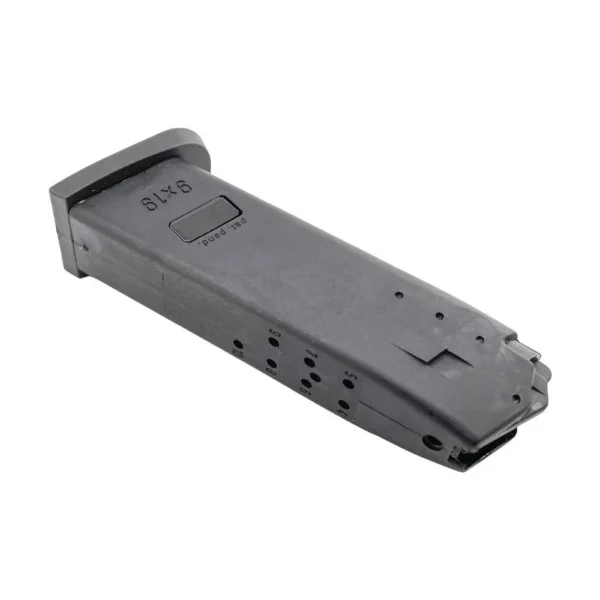 Heckler & Koch USP9 magazine, black, angled side view with witness holes and baseplate