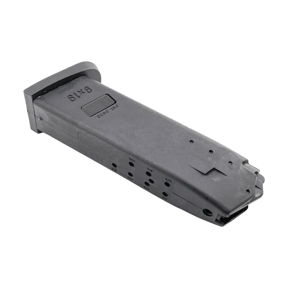 primary-51344 Heckler & Koch USP9 magazine, black, angled side view with witness holes and baseplate