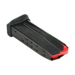 Heckler & Koch CC9 black magazine, angled side view with extended floorplate and red follower