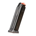 Heckler & Koch HK VP9F A1, black magazine with orange follower shown at an angle
