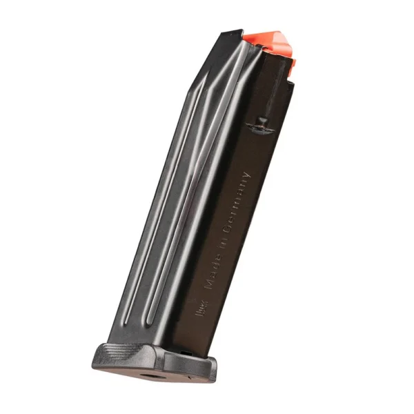 Heckler & Koch HK VP9F A1, black magazine with orange follower shown at an angle