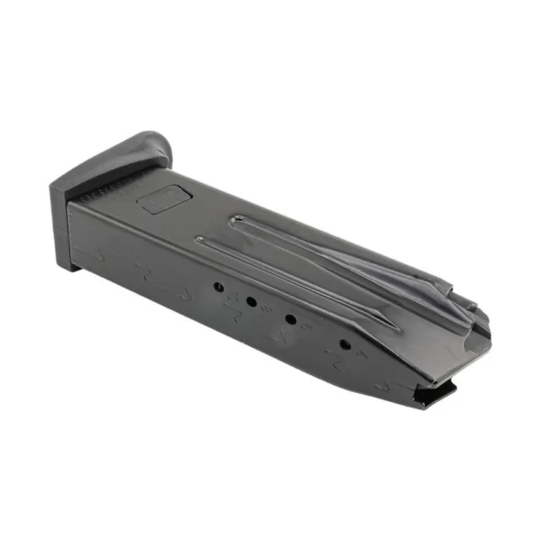 Heckler & Koch HK USP-C/P2000 magazine, horizontal angled view with black finish and witness holes