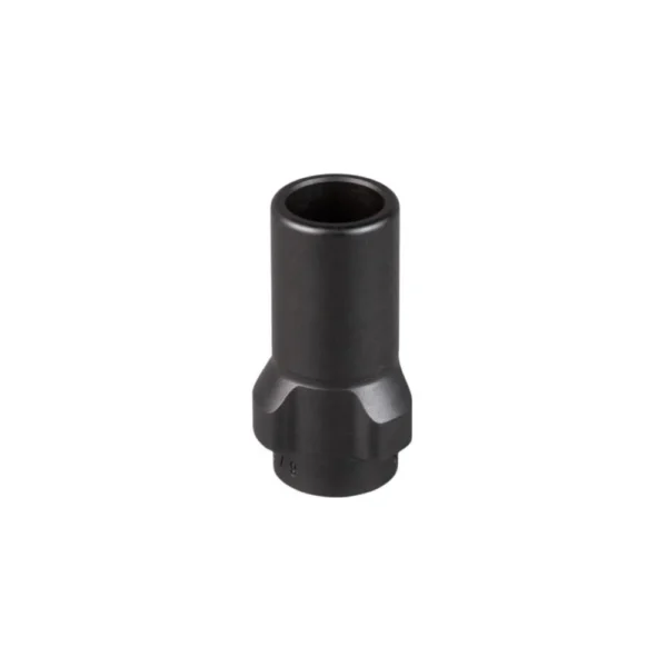 SilencerCo 3-Lug Muzzle Device, black finish in angled top view with open end