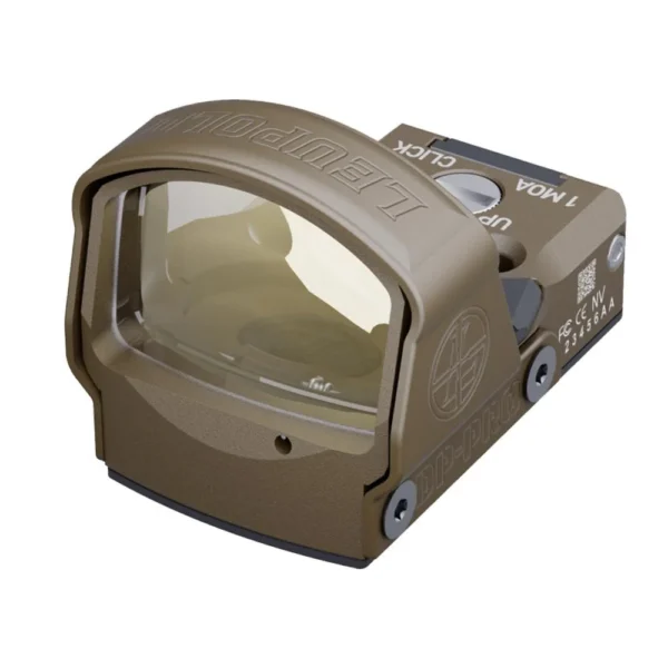 Leupold LEUP DELTAPOINT PRO, FDE optic in three-quarter front view with wide glass window