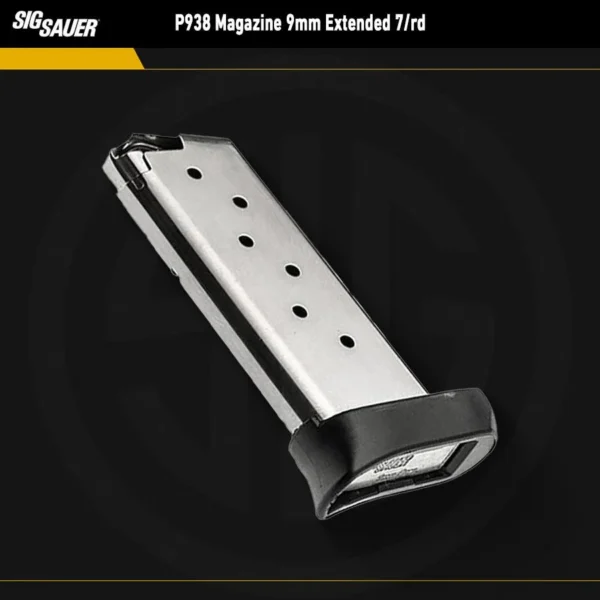 Sig Sauer P938 Magazine, angled silver magazine with black extended base plate