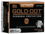 Speer Gold Dot, front and side views of a black, white and gold ammunition box
