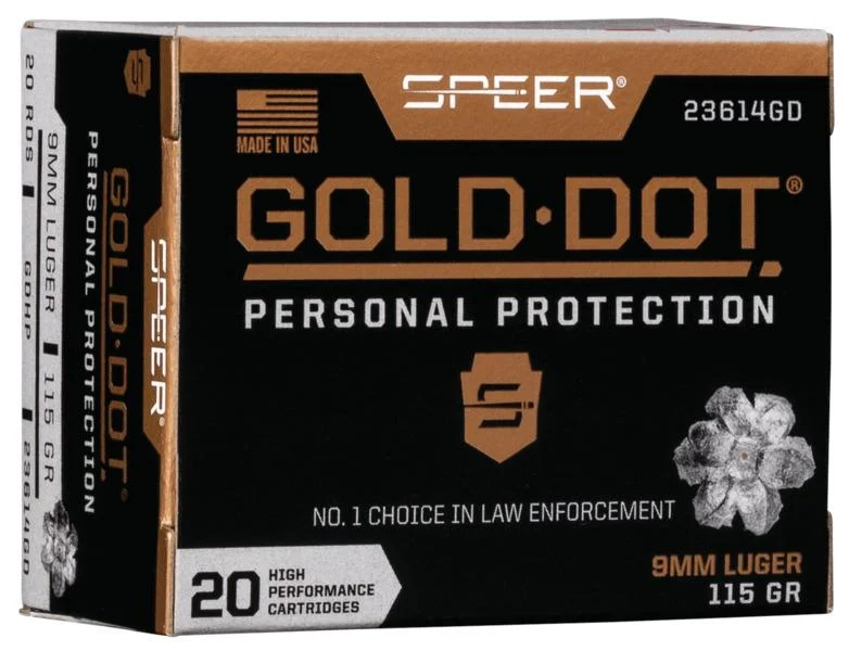 primary-51407 Speer Gold Dot, front and side views of a black, white and gold ammunition box