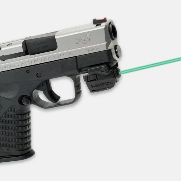LaserMax LMS-Micro Rail Mounted Laser, black unit mounted beneath a pistol with green beam visible