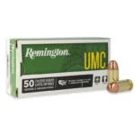 Remington REM UMC ammunition box with two brass cartridges, front view