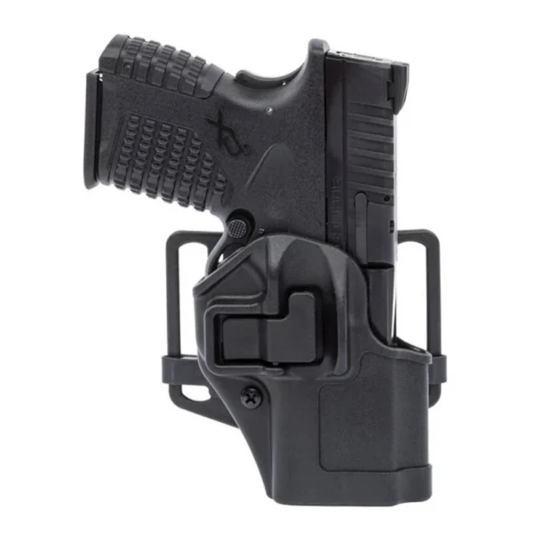 BLACKHAWK BH SERPA CQC holster, left-side view of black holster with pistol inserted