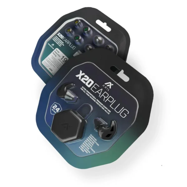 AXIL X20 EARPLUG DESERT TAN, earplugs displayed in blue and black retail packaging