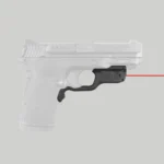 Crimson Trace Laser Grip, black left-side view mounted on pistol with red laser beam