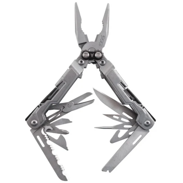 SOG Powerpint silver multi-tool open with pliers, handles, blades and tools extended
