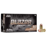 CCI Blazer Brass handgun ammunition, black retail box with two brass cartridges beside it