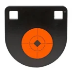 Birchwood Casey B/C 4-inch Gong Two Hole, black front view with orange bullseye and two holes